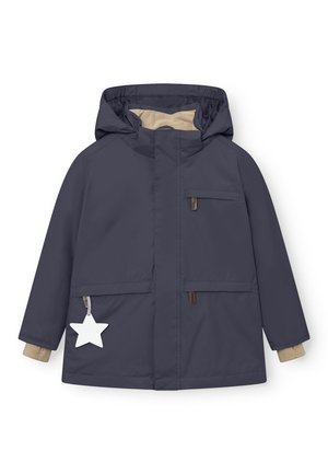 Marineblaues wasserdichtes Jacket mit Kapuze, beigem Innenfutter, zwei Fronttaschen und einem hängenden weißen Sternelement. Mit elastischen Bündchen.