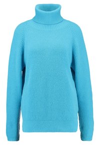 Pull en tricot turquoise avec un col roulé à côtes hautes, des manches raglan et une finition texturée. Présente des poignets et un ourlet côtelés.