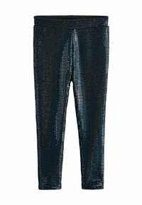 Leggings neri lucidi con una superficie testurizzata coperta di punti riflettenti, dotati di una cintura nera solida e di un design aderente.