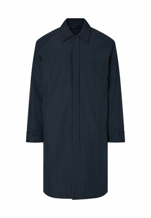 Long manteau bleu marine foncé avec col, boutons cachés à l'avant, poches latérales et poignets boutonnés, conçu pour temps froid.
