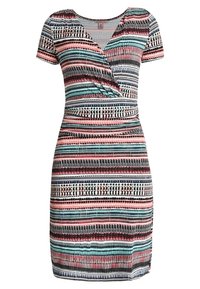 Robe portefeuille à manches courtes à rayures horizontales en corail, noir, blanc et sarcelle, dotée d'une taille ajustée et d'un ourlet longueur genou.