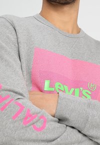 Sweat-shirt gris avec un grand graphique rose et le texte "Levi's" en vert citron. Présente un col et des poignets côtelés, avec "California" en rose sur la manche.