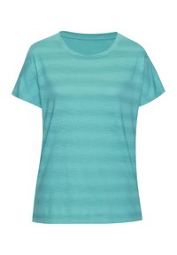 Türkises T-Shirt mit kurzen Ärmeln aus weichem Stoff, mit rundem Ausschnitt und lässigem Schnitt sowie subtiler horizontaler Textur.