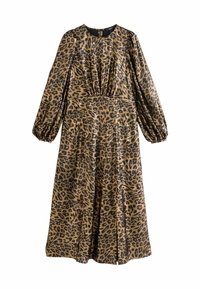 Leopard print maxi dress with long puff sleeves, gathered waist, and a smooth, shiny fabric in gold and black tones.