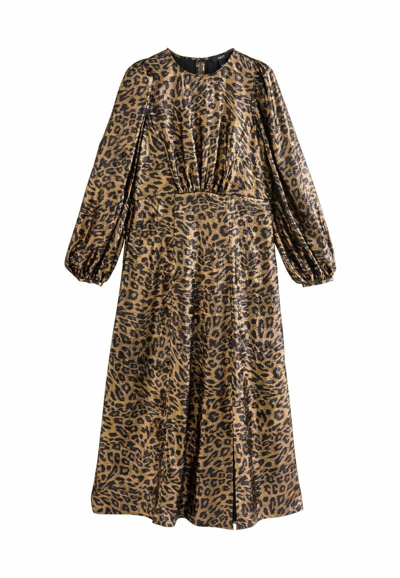 Leopard print maxi dress with long puff sleeves, gathered waist, and a smooth, shiny fabric in gold and black tones.