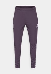 Pantalones deportivos morados hechos de tela suave, con cinturilla elástica, bordado de logo y franjas triples a lo largo de los costados.