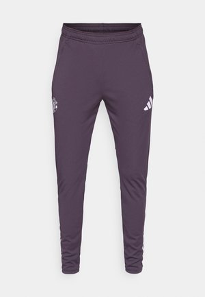 Purple athletic pants made of smooth fabric, featuring an elastic waistband, logo embroidery, and three-stripe accents down the sides.