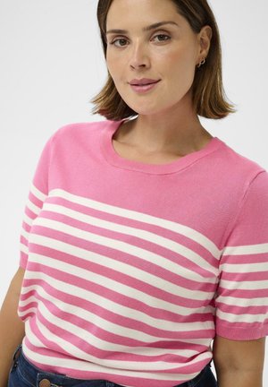 Kerek nyakú, rövid ujjú rózsaszín pulóver vízszintes fehér csíkokkal. Puha kötött anyagú, laza szabású és varrás nélküli kivitelű.