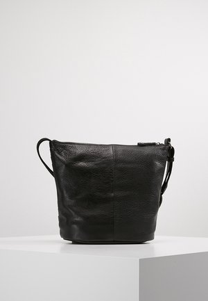 Sac seau en cuir noir avec une seule bandoulière et une fermeture éclair, posé sur un piédestal blanc sur fond uni.