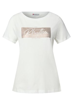 T-shirt blanc à manches courtes avec un graphisme en texte métallisé rose doré, col rond et coupe décontractée, fabriqué en tissu en coton doux.