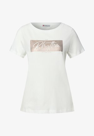 Bílý krátký rukáv tričko se metallickou růžovou zlatou textovou grafikou, kulatým výstřihem a volným střihem, vyrobené z měkké bavlněné tkaniny.