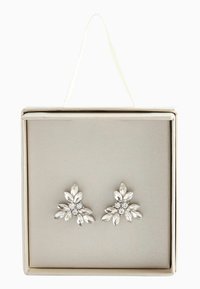 Silberne Ohrringe mit floralen Steckern, die mit Mandelförmigen und runden Steinen verziert sind, auf einem sanften beigefarbenen Hintergrund in einer strukturierten cremefarbenen Box.