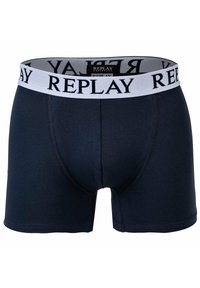 Navyblauwe boxershorts van zacht materiaal, met een witte elastische tailleband met de tekst "REPLAY", gestikte naden en een aansluitend ontwerp.