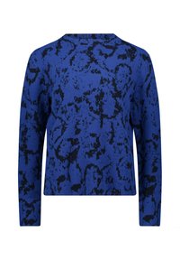 Niebieski sweter z teksturowanym, abstrakcyjnym czarnym wzorem, długimi rękawami i okrągłym dekoltem, wyróżniający się luźnym krojem.