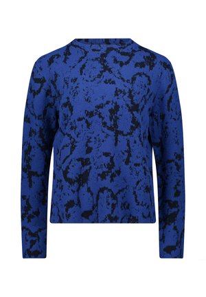 Blå sweater med et tekstureret, abstrakt sort mønster, lange ærmer og rund halsåbning, der har en afslappet pasform.