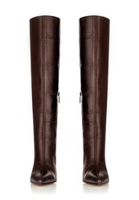 Botas de cuero marrón por encima de la rodilla con un acabado texturizado, punta afilada y cremalleras laterales. El diseño presenta una silueta elegante.