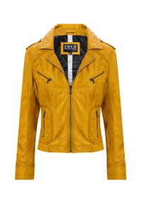 Gelbe Lederbikerjacke mit vier Reißverschluss-Taschen, Reverskragen und Schulterepauletten. Glatte Textur mit Stichdetails.