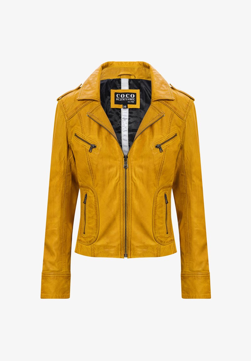 Gelbe Lederbikerjacke mit vier Reißverschluss-Taschen, Reverskragen und Schulterepauletten. Glatte Textur mit Stichdetails.