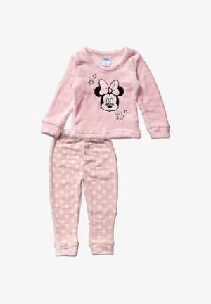 Pink fleece pajama set featuring a long-sleeve top with a Minnie Mouse graphic and stars, paired with polka dot pants. Soft texture.