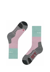 Calzini grigi e rosa a fantasia con una fascia turchese. Caratteristiche includono bordi a coste, talloni rinforzati e loghi rossi e bianchi.