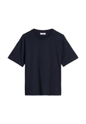 T-shirt bleu marine à manches courtes avec col rond et ourlet droit, présenté sur fond blanc.