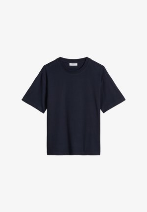 T-shirt bleu marine à manches courtes avec col rond et ourlet droit, présenté sur fond blanc.