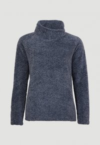 Miękki granatowy sweter z golfem, z długimi rękawami, o teksturowanej tkaninie i luźnym kroju. Brak widocznych zapięć i wzorów.