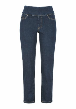 Donkerblauwe denim jeans met een brede elastische tailleband, vijf-pocket ontwerp, contrasterende stiksels en een rechte pijp.