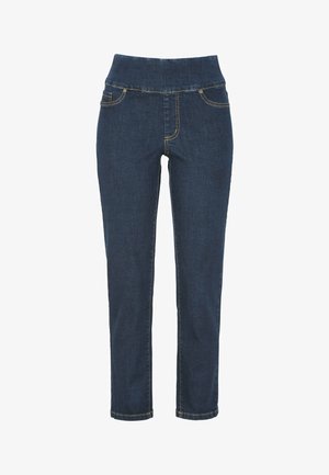 Dark blue denim jeans with a wide elastic waistband, five-pocket design, contrast stitching, and a straight leg cut.