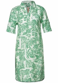 Zielona sukienka z lnu z kołnierzykiem, krótkimi rękawami i tropikalnym wzorem liści; luźny krój z subtelną teksturą i detalami wzorniczymi.