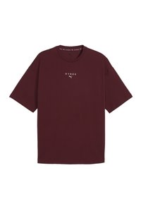 Bordeauxfarbendes Baumwoll-T-Shirt mit Rundhalsausschnitt, kurzen Ärmeln und weißem "HYROX"-Logo auf der Brust. Legerer Schnitt mit einer glatten Textur.
