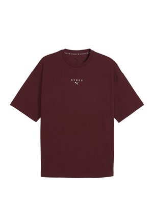 Burgunderfarvet bomulds T-shirt med rund halsudskæring, korte ærmer og hvid "HYROX" logo på brystet. Casual pasform med en glat tekstur.