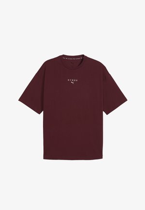 Bordeauxfarbendes Baumwoll-T-Shirt mit Rundhalsausschnitt, kurzen Ärmeln und weißem "HYROX"-Logo auf der Brust. Legerer Schnitt mit einer glatten Textur.