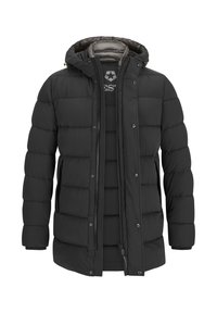 Schwarze Pufferjacke mit Kapuze, ausgestattet mit einem Reißverschluss vorne, Druckknöpfen und einem gesteppten Design. Sie verfügt über zwei Seitentaschen und eine strukturierte Oberfläche.