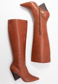 Bottes marron en cuir montant jusqu'aux genoux avec un bout pointu et un talon compensé, dotées d'une fermeture éclair latérale et d'une texture lisse.