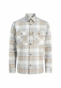Camisa de cuadros en gris, blanco y marrón, hecha de tela suave. Cuenta con un cierre frontal de botones y dos bolsillos en el pecho con solapas.