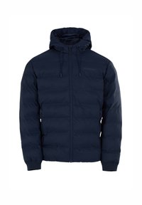 Herren navyblaue gepolsterte Jacke mit Kapuze, Frontreißverschluss, verstellbaren Kordelzügen und elastischen Bündchen.