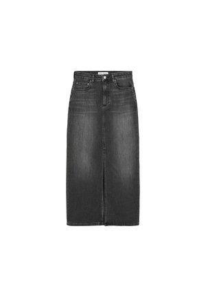 Schwarzer Denim-Midirock mit taillierter Passform, Reißverschluss und einer Mittelnaht-Detail. Verfügt über zwei Seitentaschen und einen geraden Schnitt.