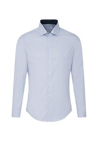 Camicia da uomo azzurro chiaro con maniche lunghe, chiusura con bottoni sul davanti e colletto aperto con fodera interna scura.