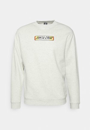 Lichtgrijze crewneck sweatshirt met lange mouwen en "Santa Cruz Skateboards"-logo in geel en oranje op de borst.