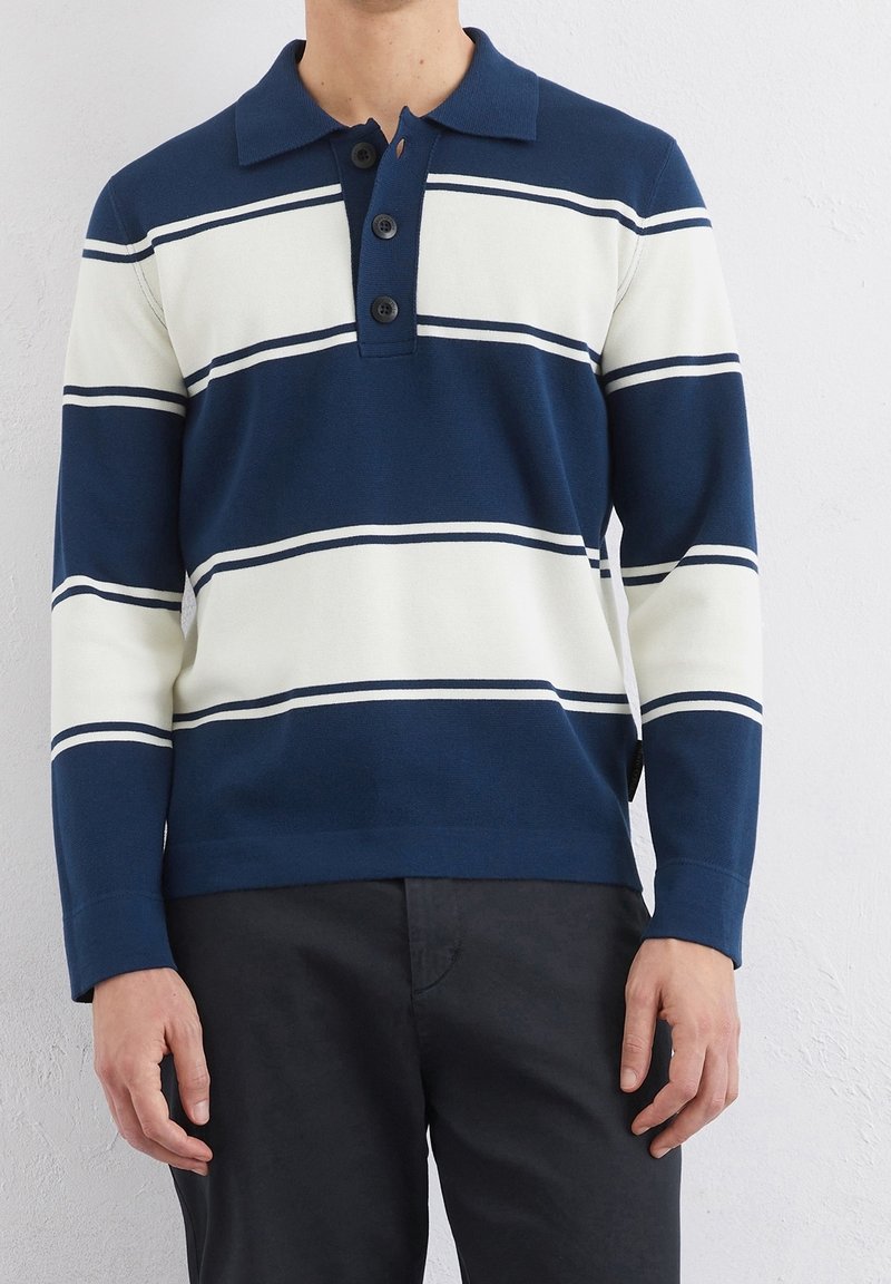 Polo a maniche lunghe a righe blu navy e bianche con colletto, patta con tre bottoni e polsini a coste. Il tessuto sembra strutturato e resistente.