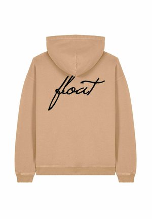 Tan hoodie met een trekkoord in de capuchon en geribbelde manchetten. Op de achterkant staat het handgeschreven woord "float" in zwarte borduursel.