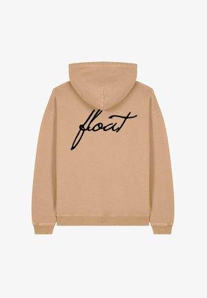 Homokszínű kapucnis pulóver, húzószalaggal és bordázott mandzsettákkal. A háta fekete hímzéssel készült "float" felirattal díszített.