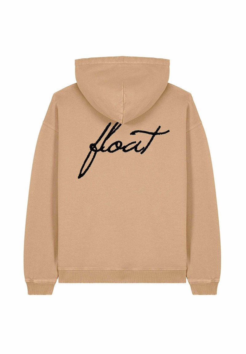 Felpa color beige con cappuccio regolabile e polsini a coste. Sul retro è ricamata a mano la parola "float" in nero.