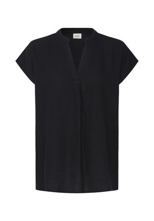 Schwarze kurzärmelige Bluse mit Mandarin-Kragen und V-förmigem Ausschnitt, gefertigt aus leichtem Stoff.