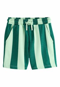 Grün- und minzgestreifte Shorts mit elastischem Bund, Kordelzug und Seitentaschen; gefertigt aus einem weichen, atmungsaktiven Stoff.