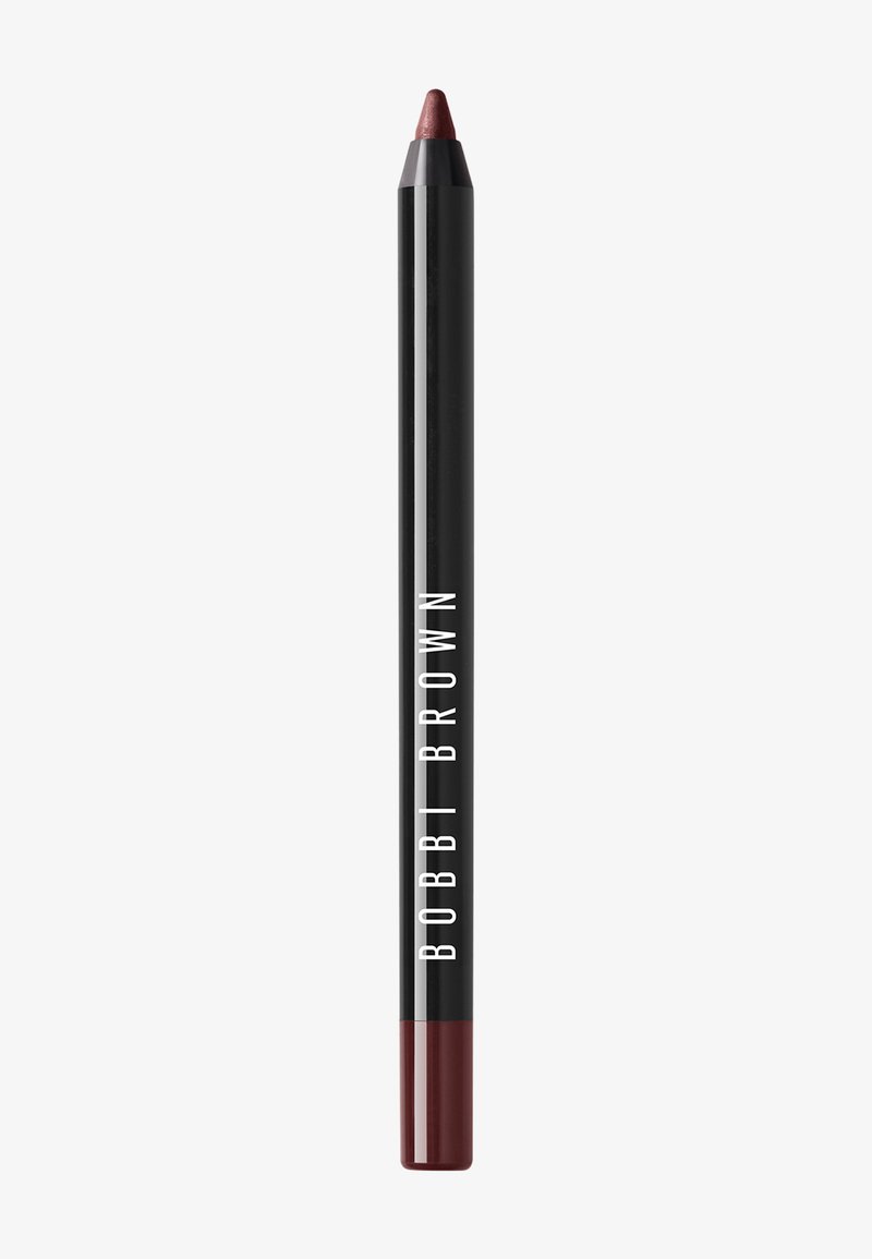 Bobbi Brown Lippenkonturenstift, schwarzes Röhrchen mit weißem Text, spitze Mine, burgunderfarbene Akzent am Boden. Glatte Textur, zylindrische Form.