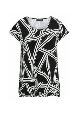 Black short-sleeve top with white abstract intersecting stripes and a layered hem detail, round neckline, brand label inside collar.