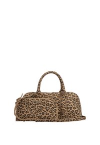 Sac de voyage à imprimé léopard avec deux poignées et une pochette avant amovible, présentant un motif tacheté beige et brun foncé.