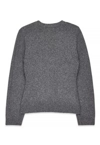 Grauer gestrickter Pullover mit Rundhalsausschnitt, langen Ärmeln und gerippten Bündchen und Saum. Weiche Textur mit schlichtem Muster.